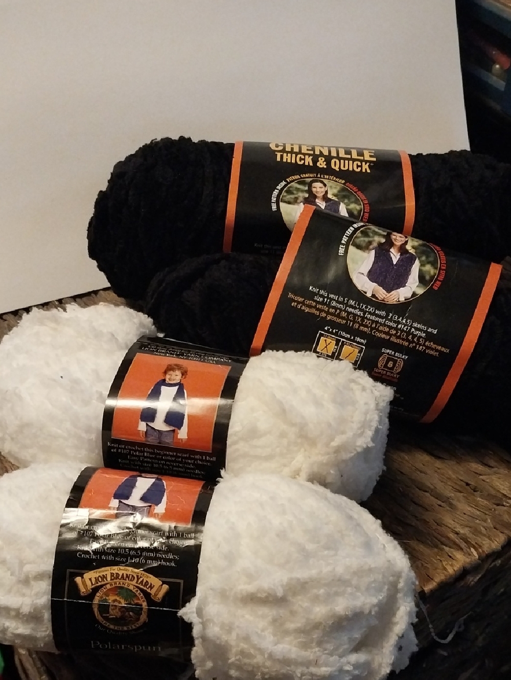 Lion Brand Chenille Thick & Quick Yarn Bundle - Black and White
